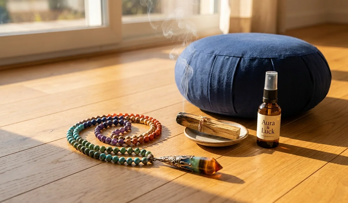 Sacred meditation tools including 7 Chakra Mala beads, Zafu cushion, and Palo Santo for chakra balancing preparation.