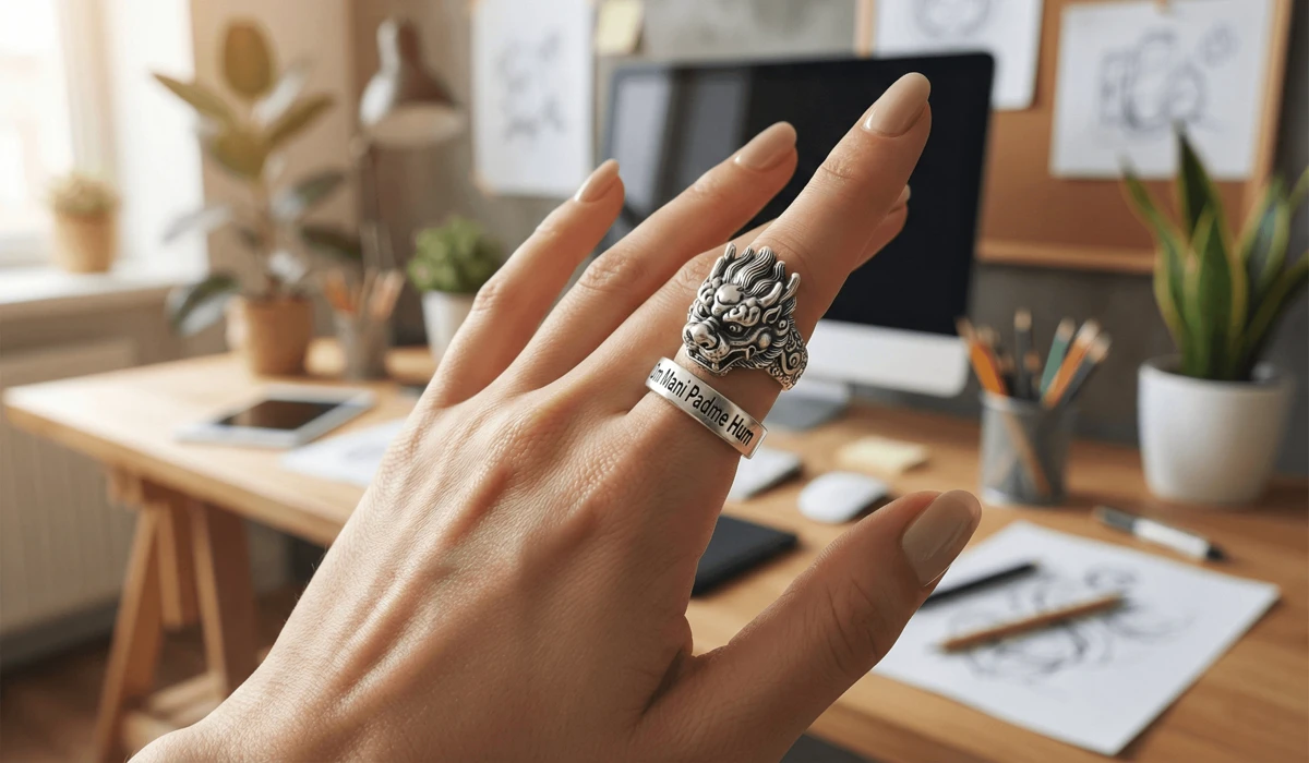 Correct placement of a Pixiu ring on the left middle finger with the head facing outward.