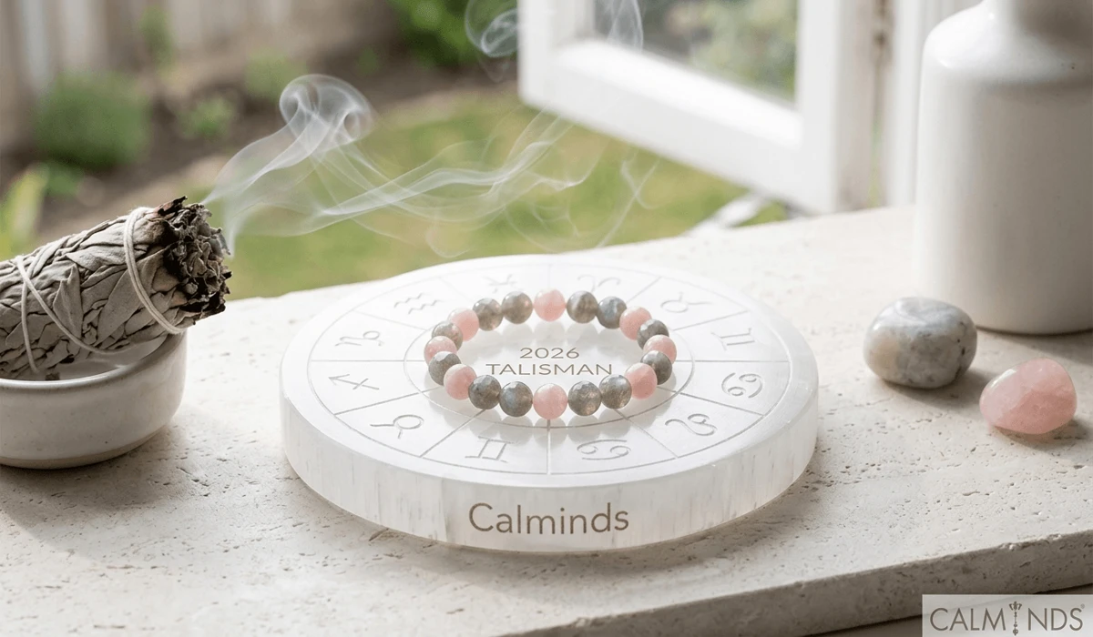 Cleansing a zodiac gemstone bracelet with sage and a Selenite plate to charge its energy for the 2026 new year.