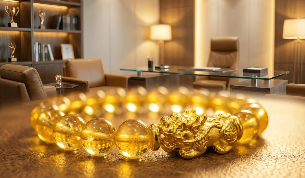 Close-up of a citrine Feng Shui bracelet with a golden Pixiu symbol for wealth attraction and prosperity.