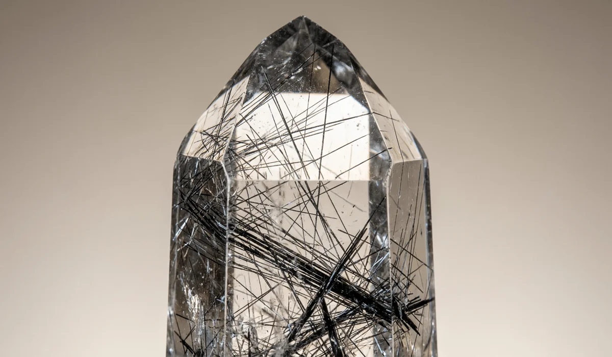 Close-up macro photograph showing dark needle-like inclusions inside a clear black rutilated quartz gemstone for career focus.