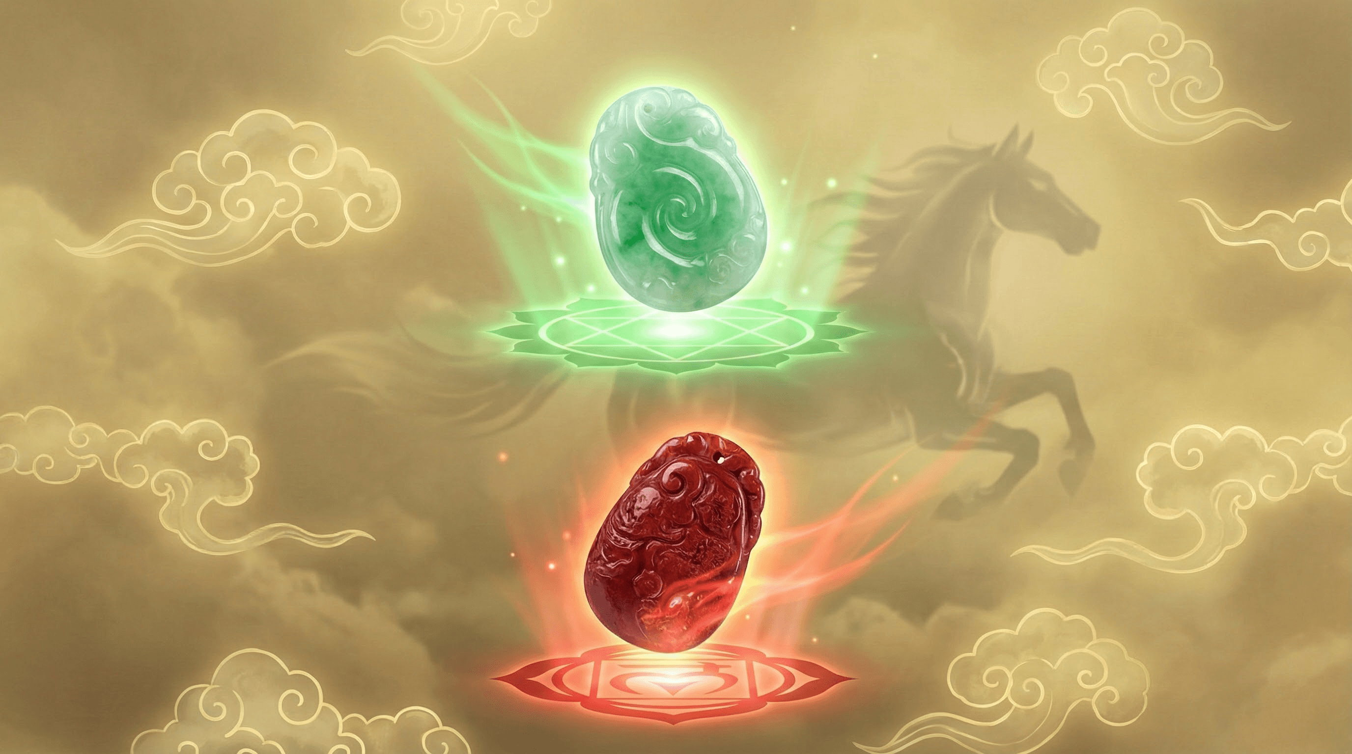 Spiritual symbolism of Jade and Cinnabar representing Heart and Root chakras for 2026 protection.