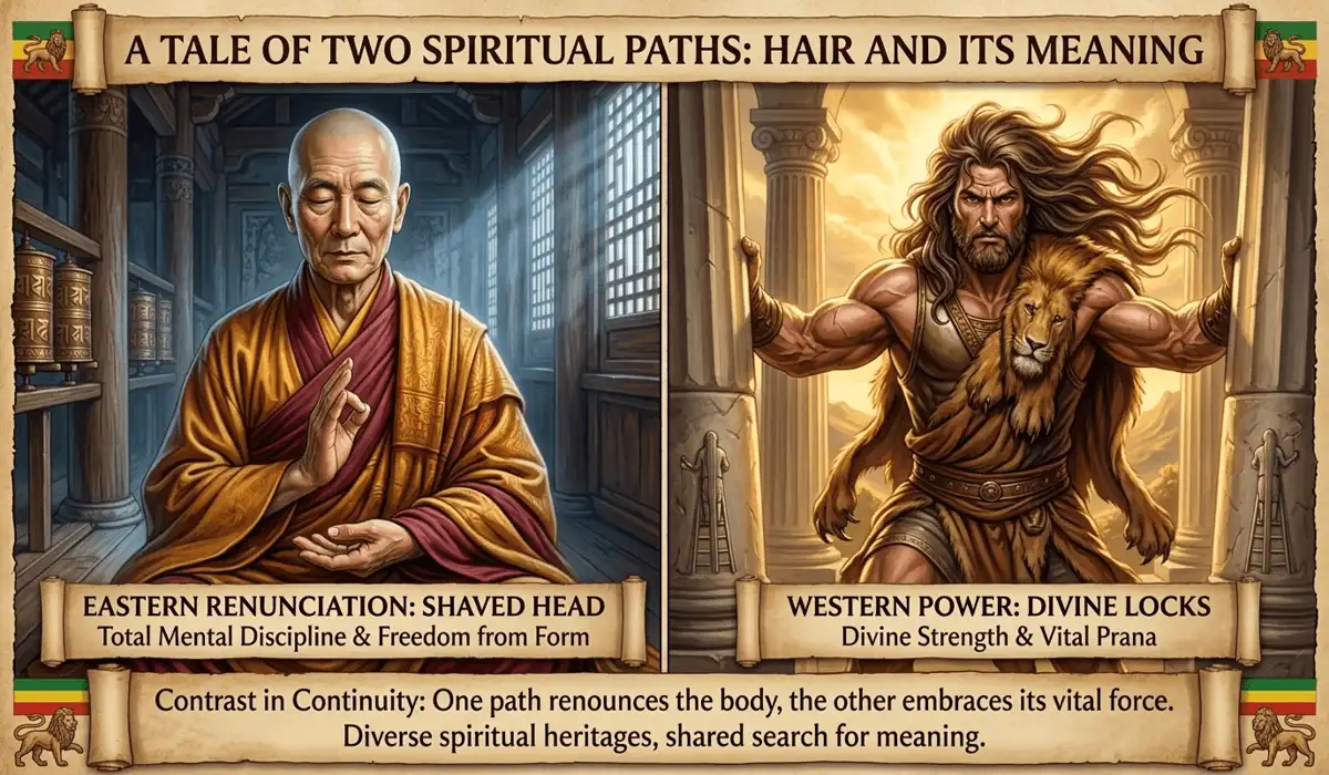 A comparison between the spiritual symbolism of a monk's shaved head and the divine strength associated with long hair in ancient mythologies.