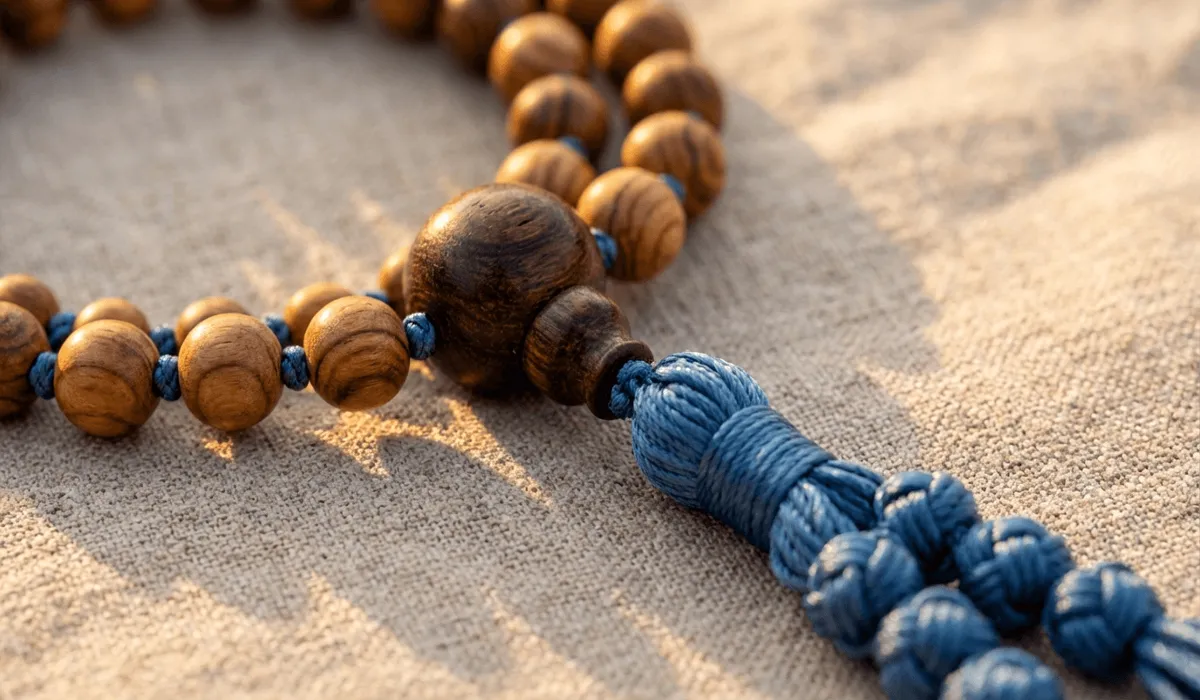 Close-up of a handcrafted wooden mala necklace featuring a guru bead, silk tassel, and traditional hand-knotted beads for meditation.