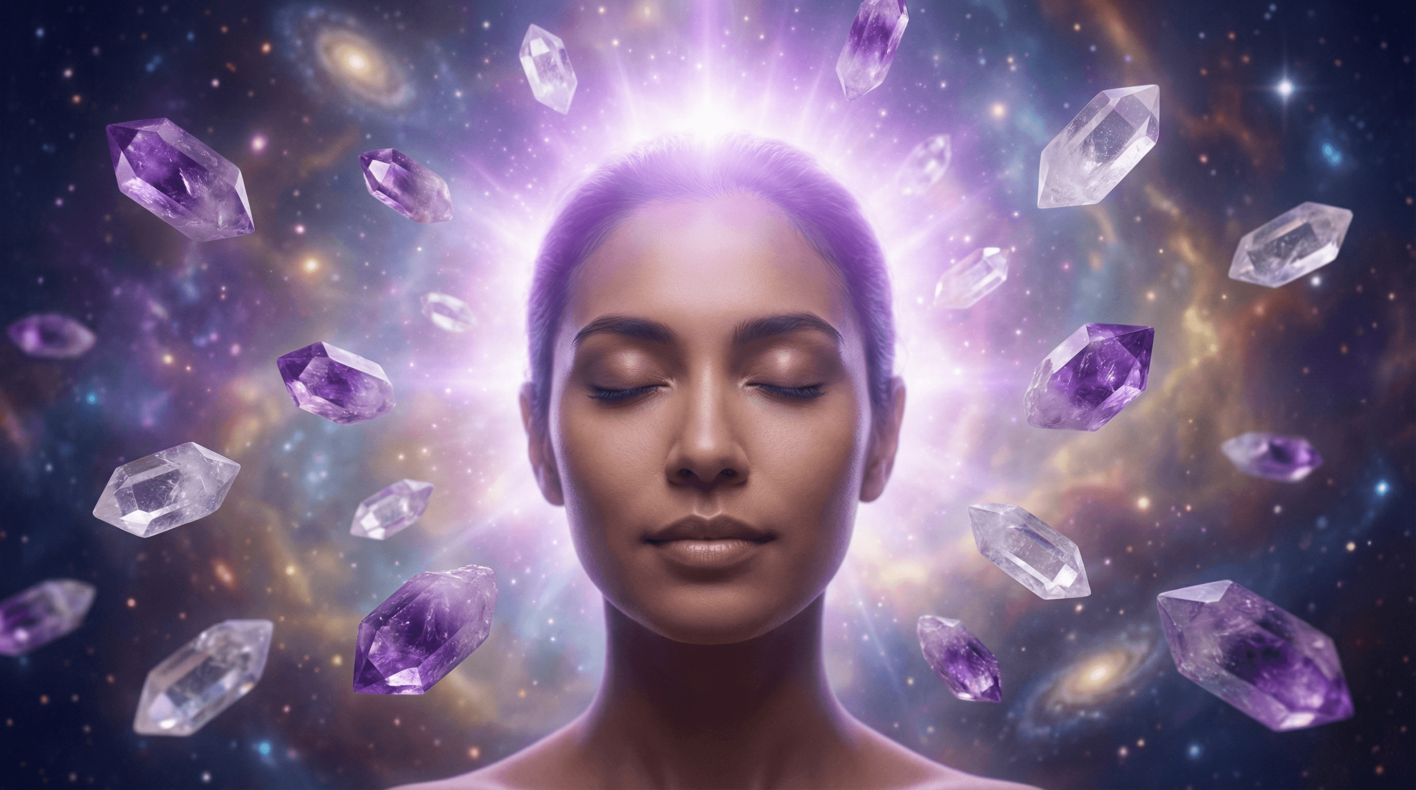 A meditative person with violet light flowing from the Crown Chakra surrounded by Amethyst and Clear Quartz crystals.