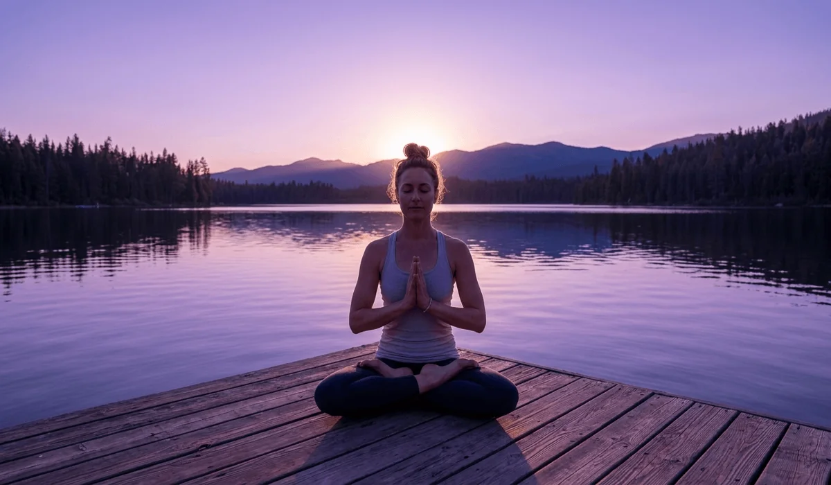 A practitioner maintaining perfect posture and Lotus Mudra meditation during a sunset for emotional healing and chakra alignment.