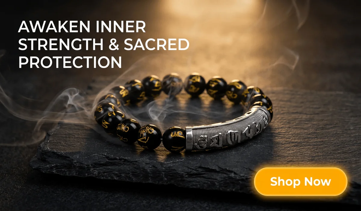 Obsidian Guardian Mantra Bracelet with gold mantras and silver cylinder bead presented on dark zen stone slab background with Shop Now button