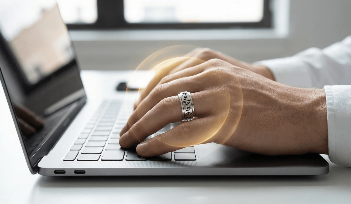 A close-up of an Om Mani Padme Hum mantra ring serving as a spiritual protective talisman in a modern digital environment.