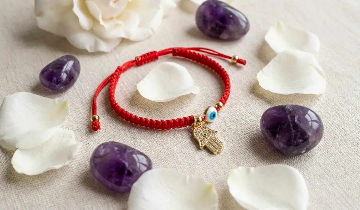 Traditional protective jewelry for infants featuring a red string bracelet with Hamsa hand and Evil Eye charms for spiritual safety.