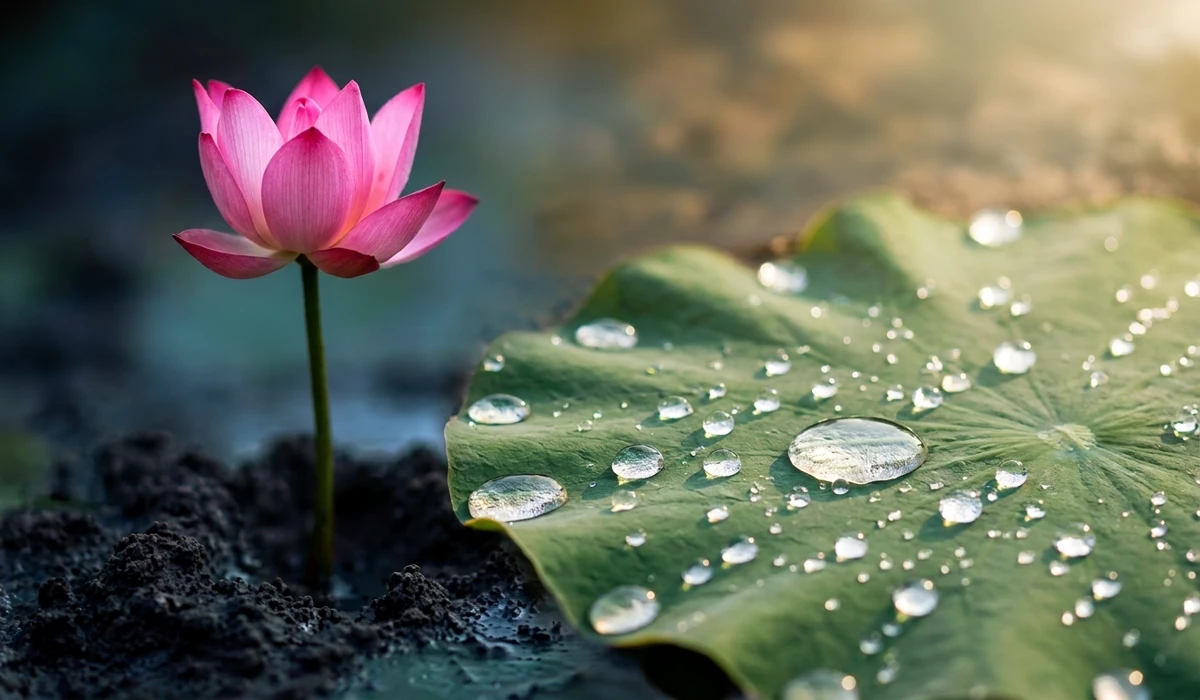 A pink lotus flower rising from dark mud into sunlight, symbolizing spiritual purity and the yoga philosophy of detachment or Nishkama Karma.
