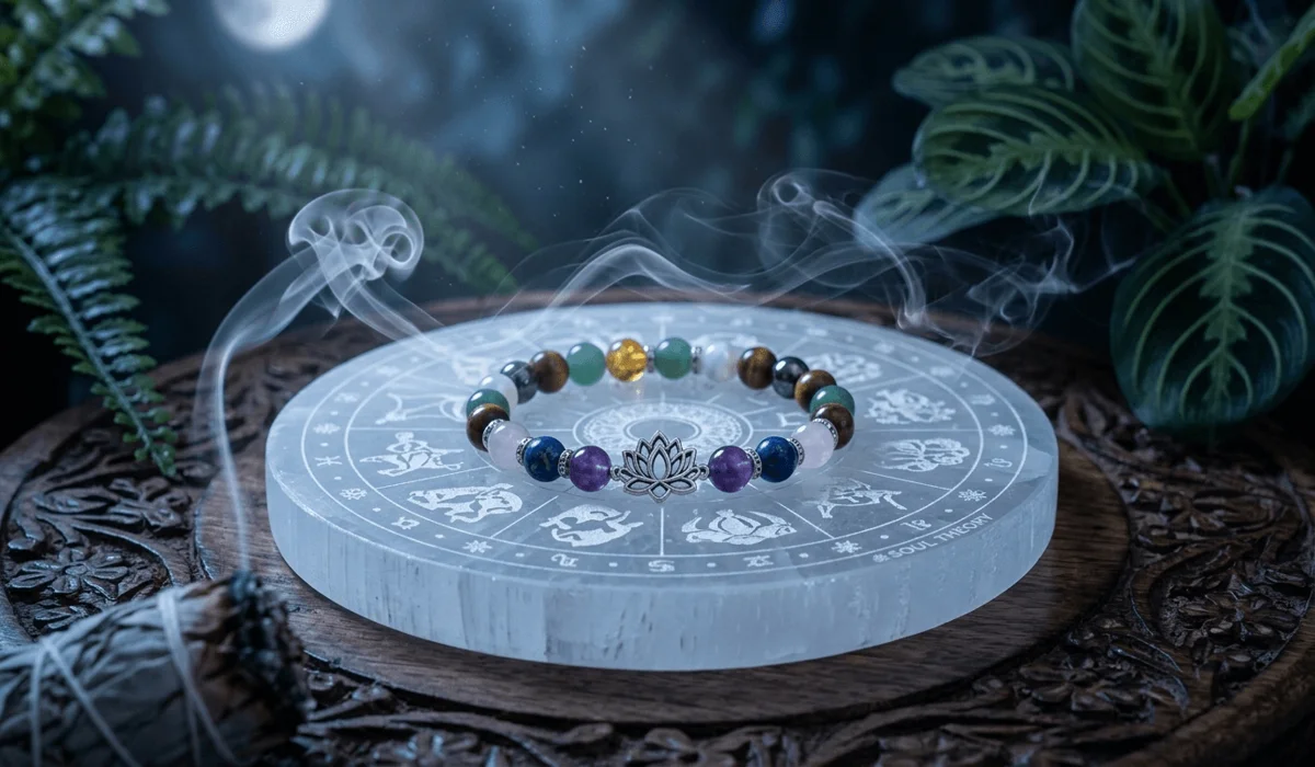 Cleansing a lotus bracelet with sage smoke and a selenite plate to recharge its spiritual energy and purity.