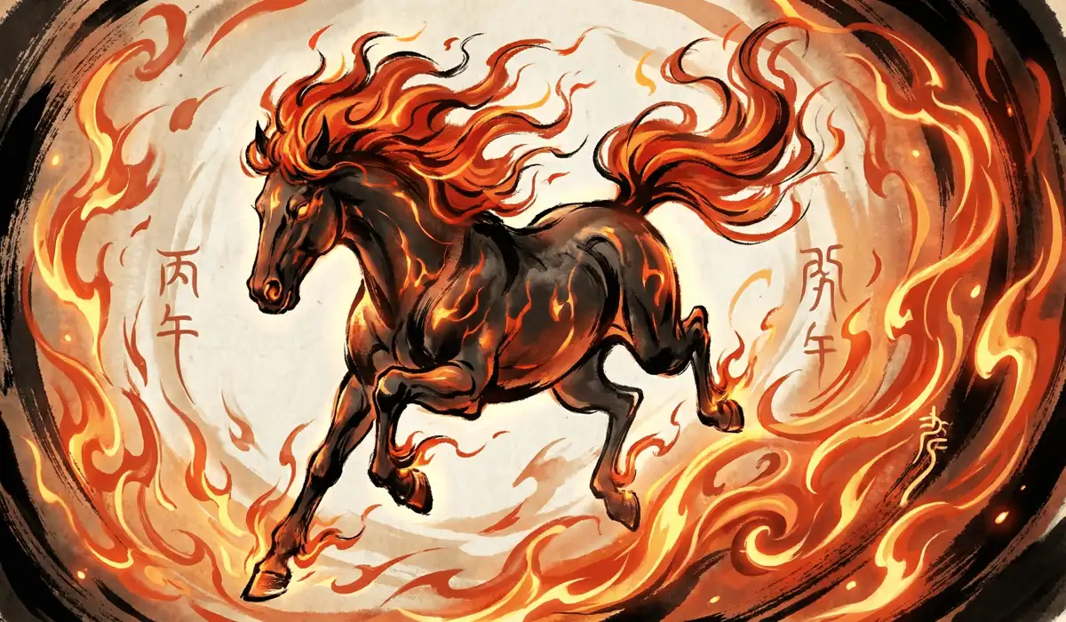Vibrant artistic representation of the 2026 Fire Horse symbolizing the Bing Wu year energy and high Yang energy.