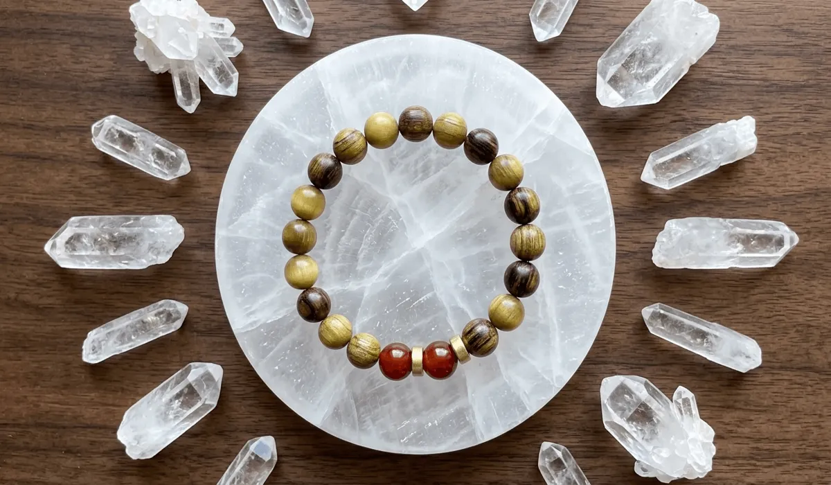 Agarwood bracelet placed on a Selenite crystal plate for energy cleansing and charging.