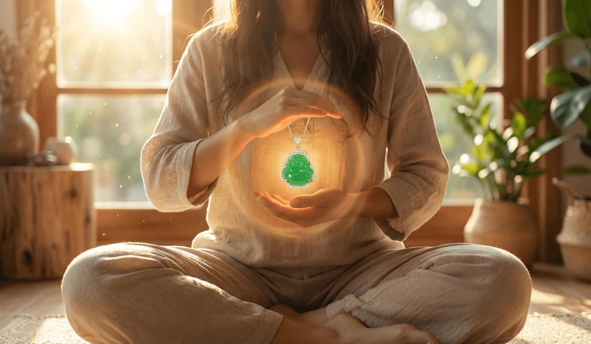 A practitioner setting spiritual intentions while holding a Buddha necklace for emotional balance.