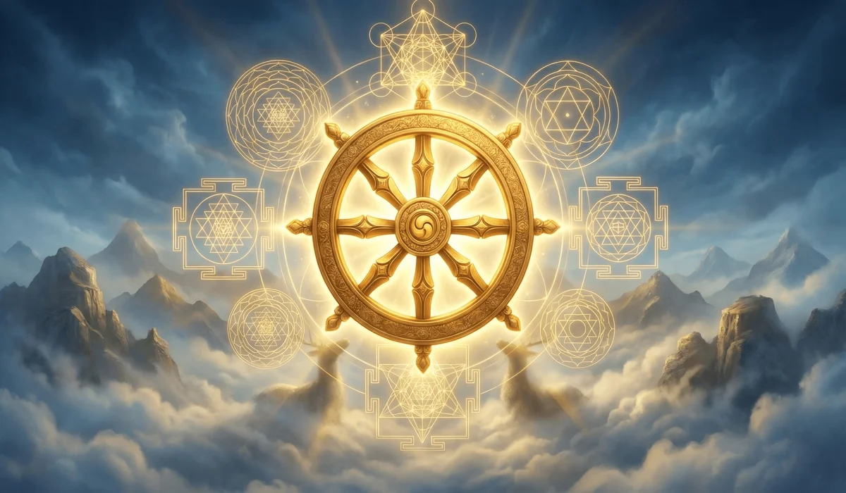 A golden glowing Dharma Wheel in the Himalayan mountains representing the Eightfold Path and sacred geometry.