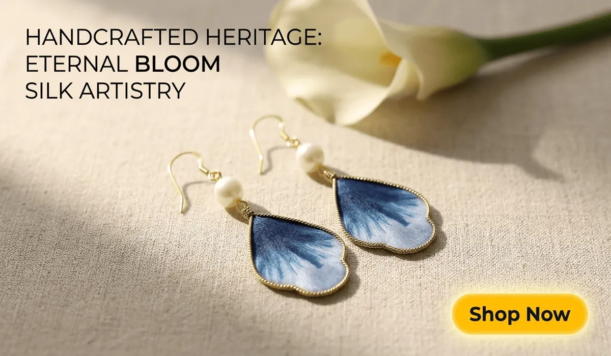Handcrafted Ethereal Silk Flower Ronghua Pearl Earrings - Indigo Blue Heritage Jewelry for Eternal Bloom Collection