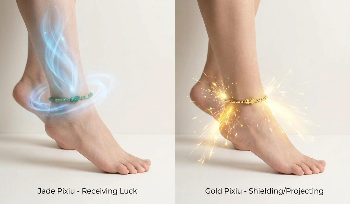 Comparison of Feng Shui logic for wearing a Pixiu anklet on the left ankle for receiving vs. the right ankle for protection.