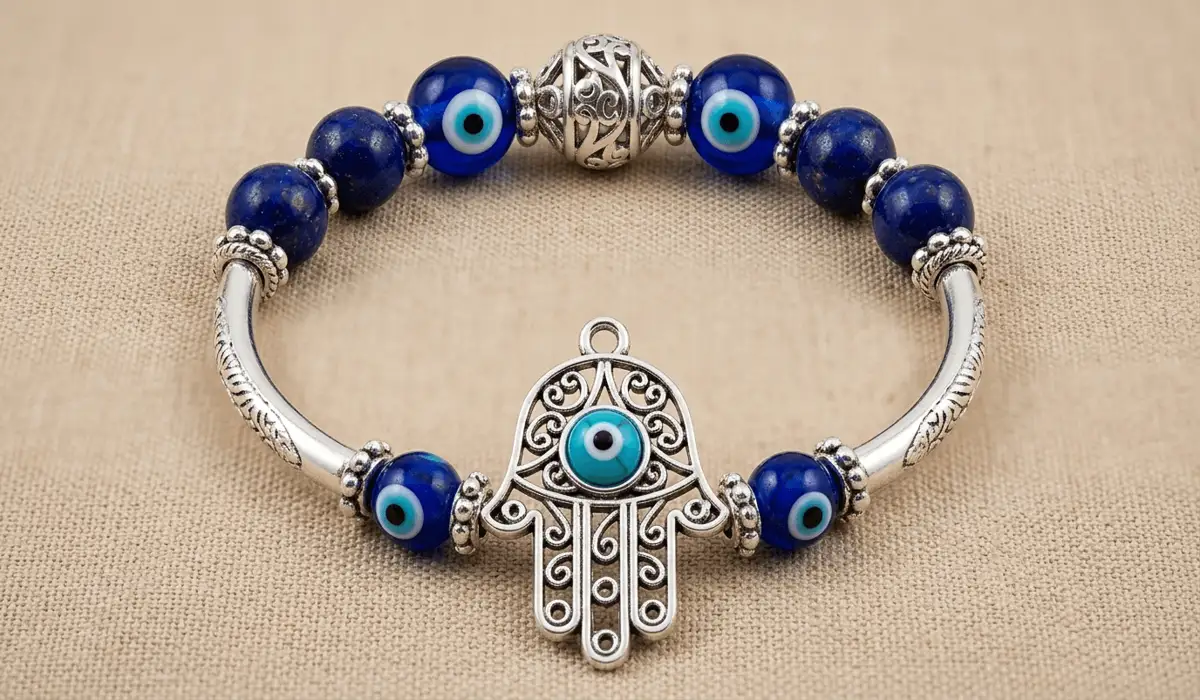 Detailed macro shot of a sterling silver Hamsa hand bracelet with a blue turquoise Evil Eye center and lapis lazuli beads.