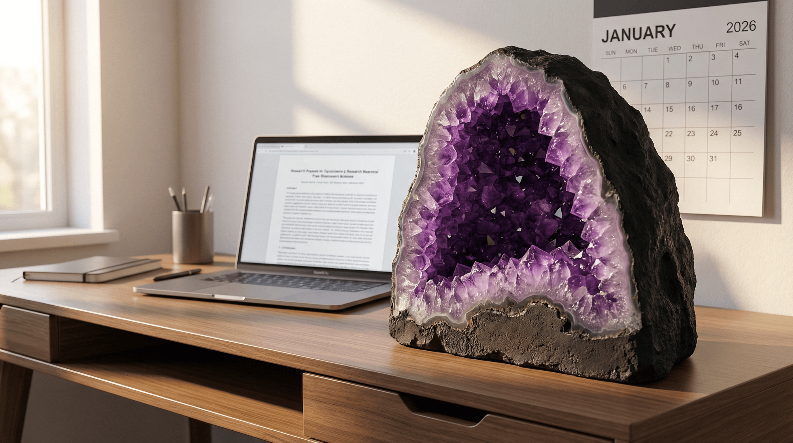 A large purple Amethyst geode placed on a study desk for 2026 academic success and focus.