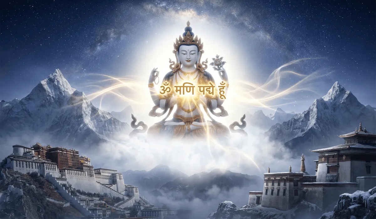 A divine representation of Avalokiteshvara with the glowing six-syllable mantra at his heart against a Himalayan backdrop.