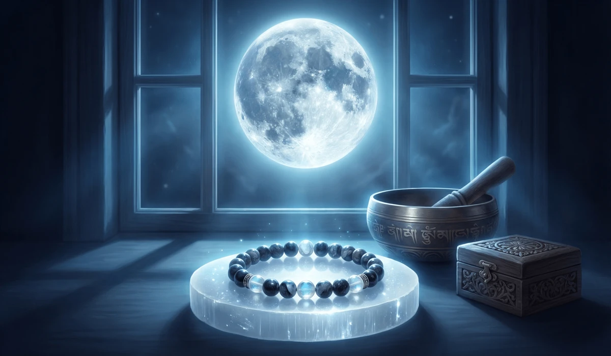 A healing stone bracelet being charged on a Selenite plate under the light of a Full Moon for energy cleansing.