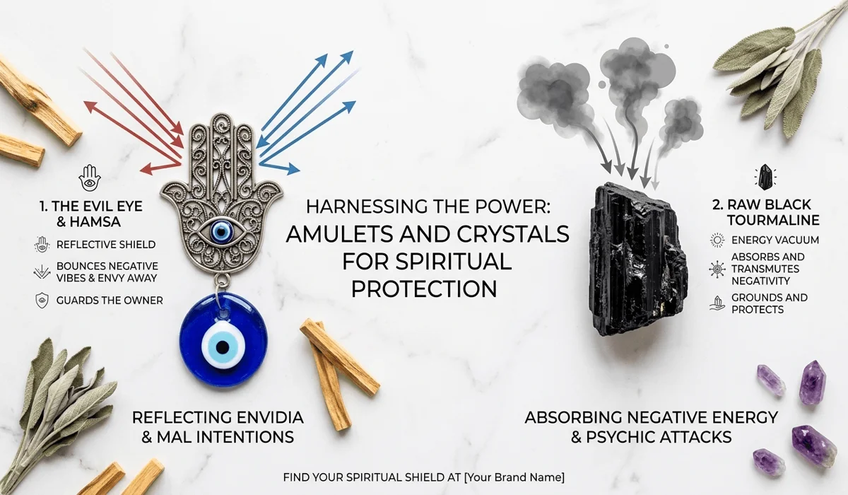 A comparison of protection symbols including a Hamsa hand, an Evil Eye charm, and black tourmaline for spiritual defense.