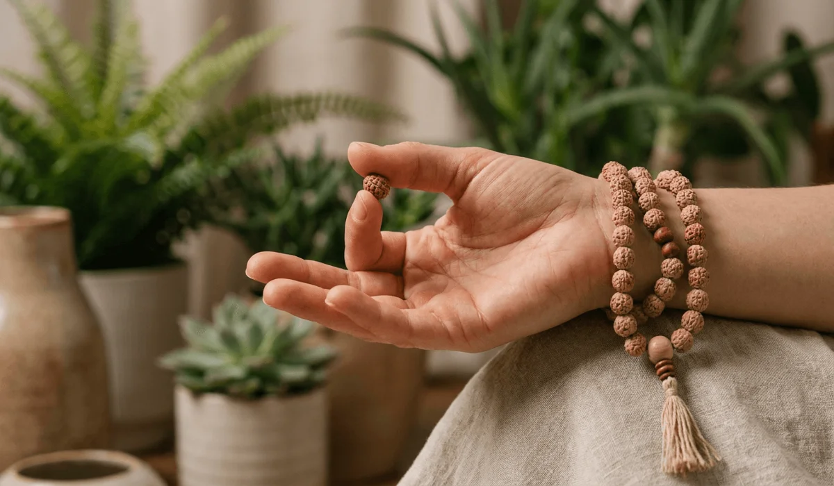 Mindful practitioner holding Bodhi seed mala beads in the right hand during a secular meditation breathwork practice.