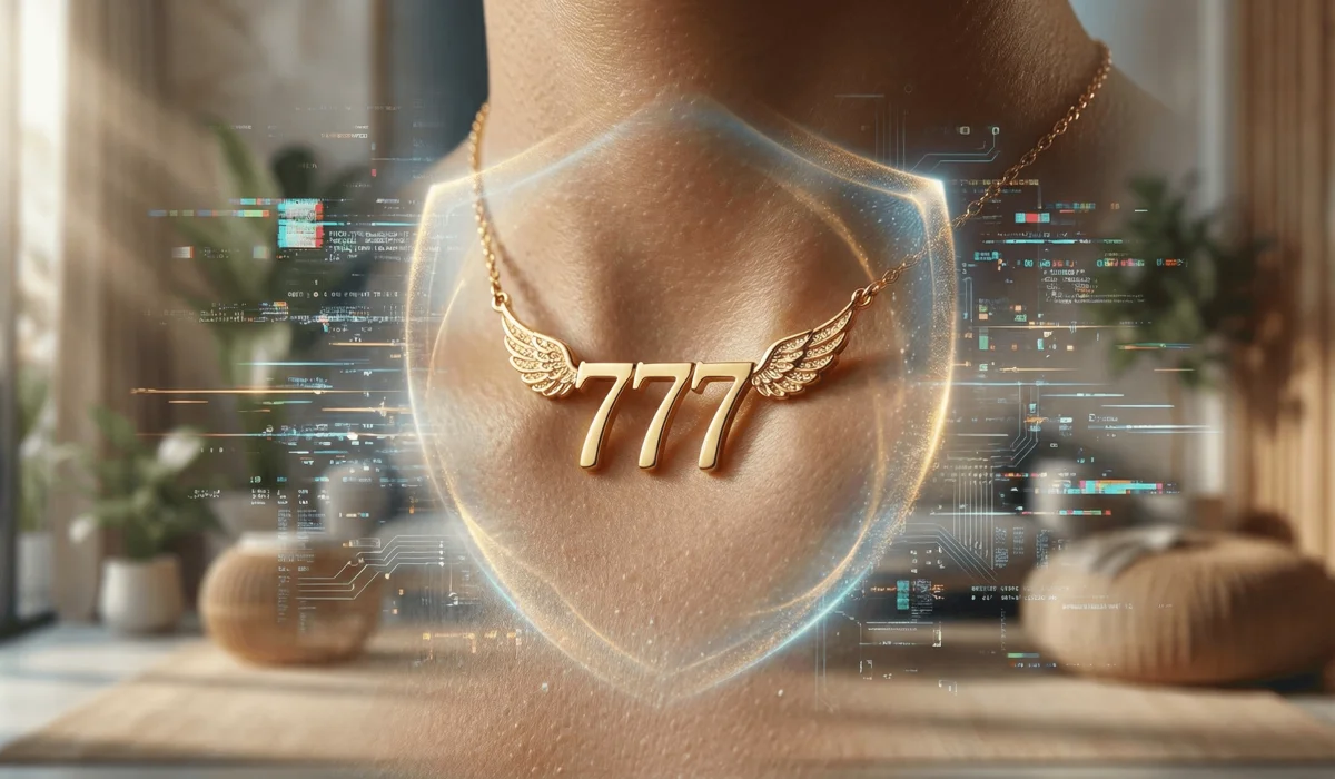 Modern 777 angel number jewelry worn as a spiritual talisman for mindfulness and protection against digital fatigue.
