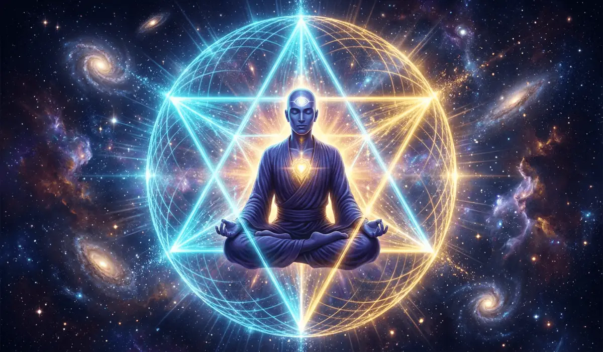 A meditating person activating counter-rotating Merkaba light-body energy fields during deep meditation.