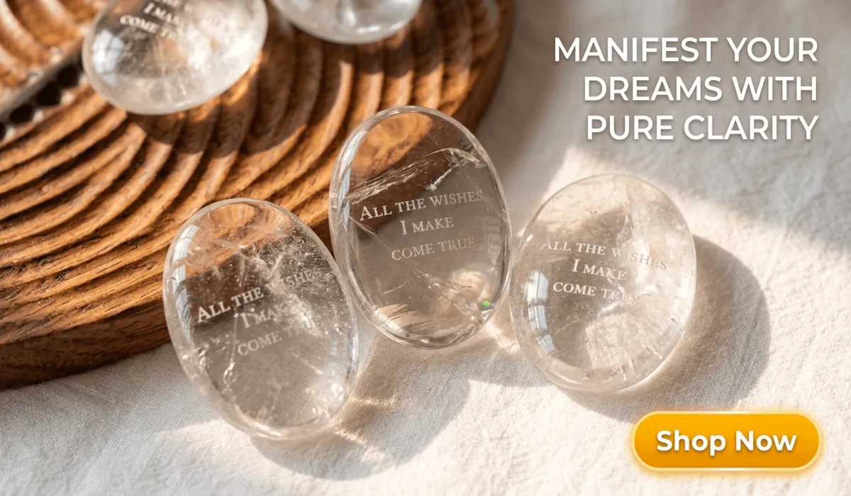 High-clarity clear quartz palm stones for meditation engraved with manifestation affirmations, featuring a Shop Now button for a wellness blog.