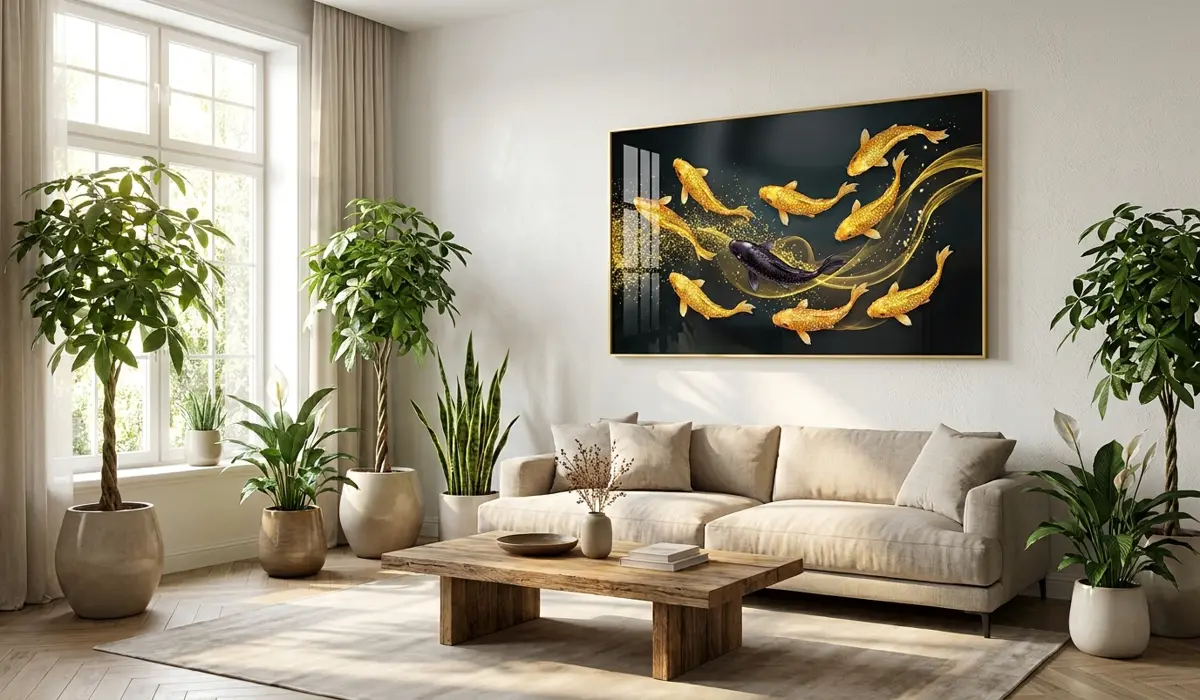 A modern home interior featuring Feng Shui-aligned Yin Yang Koi artwork to attract prosperity and balance energy.