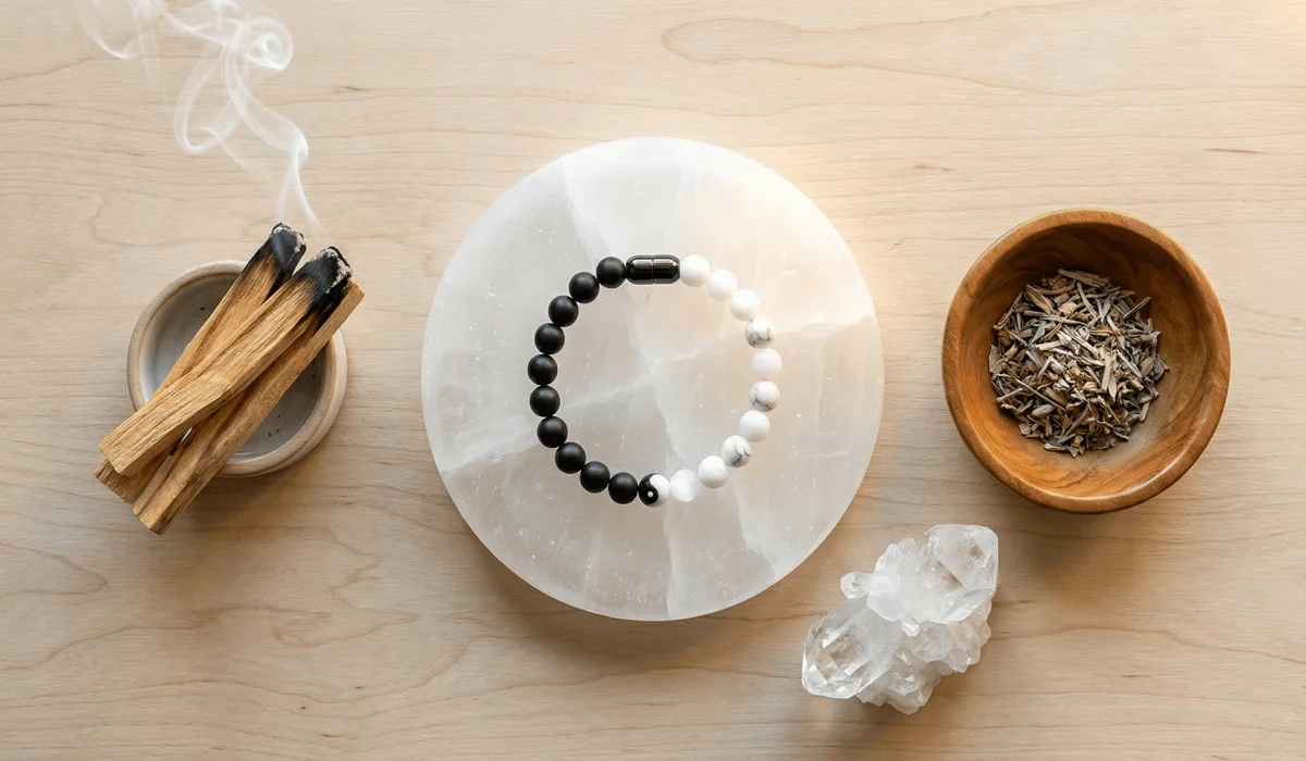 Yin Yang bracelet being cleansed on a Selenite plate with Palo Santo smoke for spiritual charging.