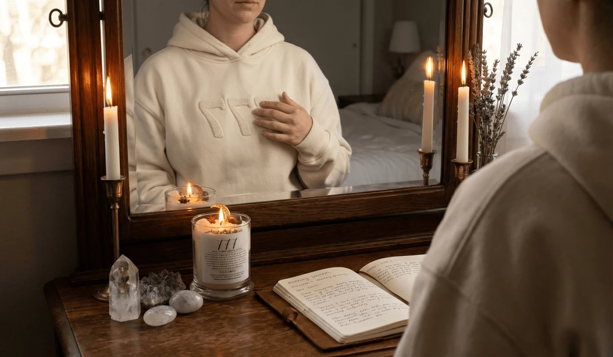 A spiritual morning mirror ritual featuring a person wearing a 777 angel number hoodie while surrounded by crystals and manifestation tools.