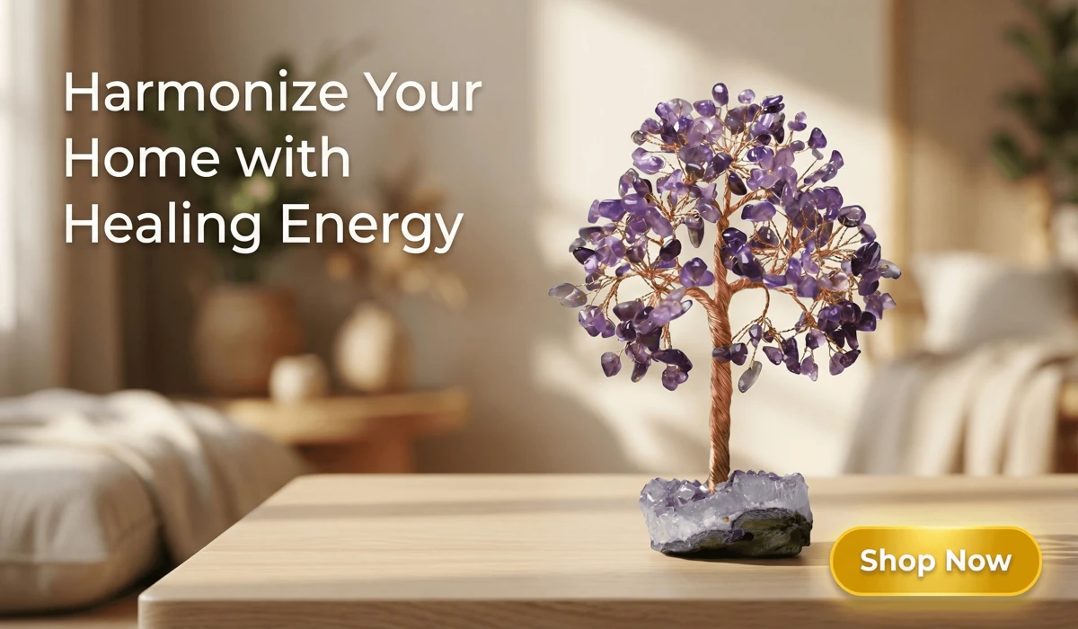 Amethyst Crystal Tree of Life for positive energy and good luck - Zen home decor healing crystal tree with Shop Now button