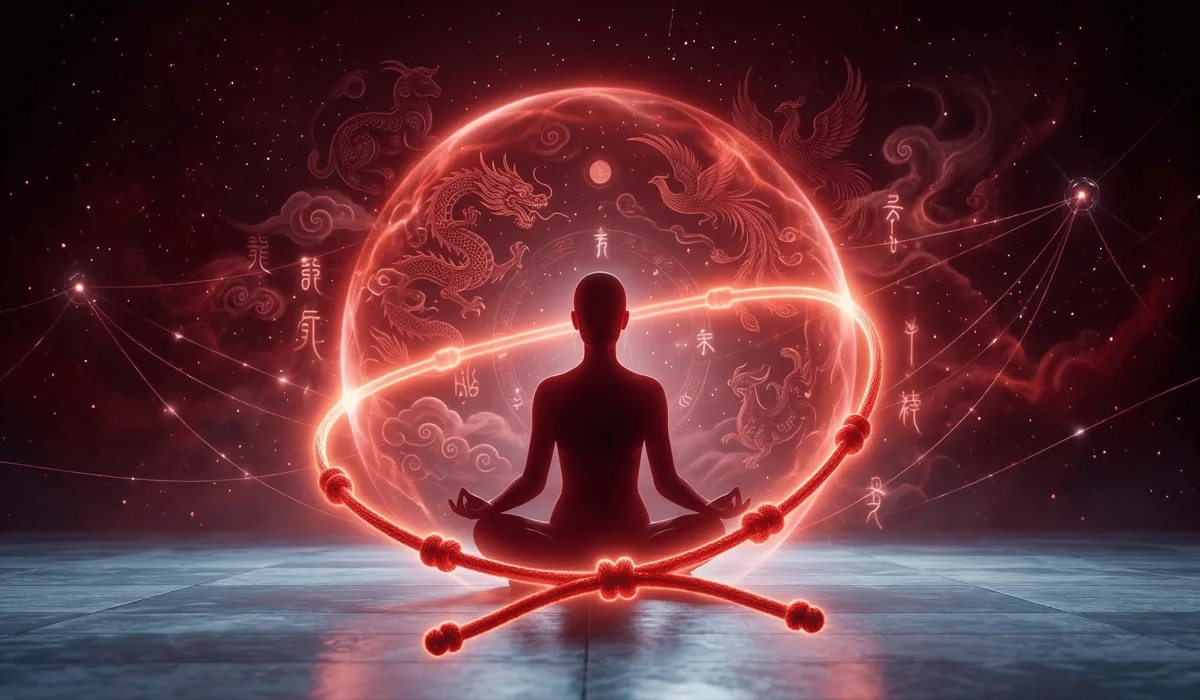 Spiritual illustration of the red thread of fate and protective energy shield for zodiac year safety.