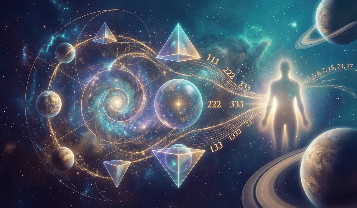 Ethereal cosmic visualization of Pythagorean Music of the Spheres and golden angel numbers 111 222 333 representing mathematical universal order.