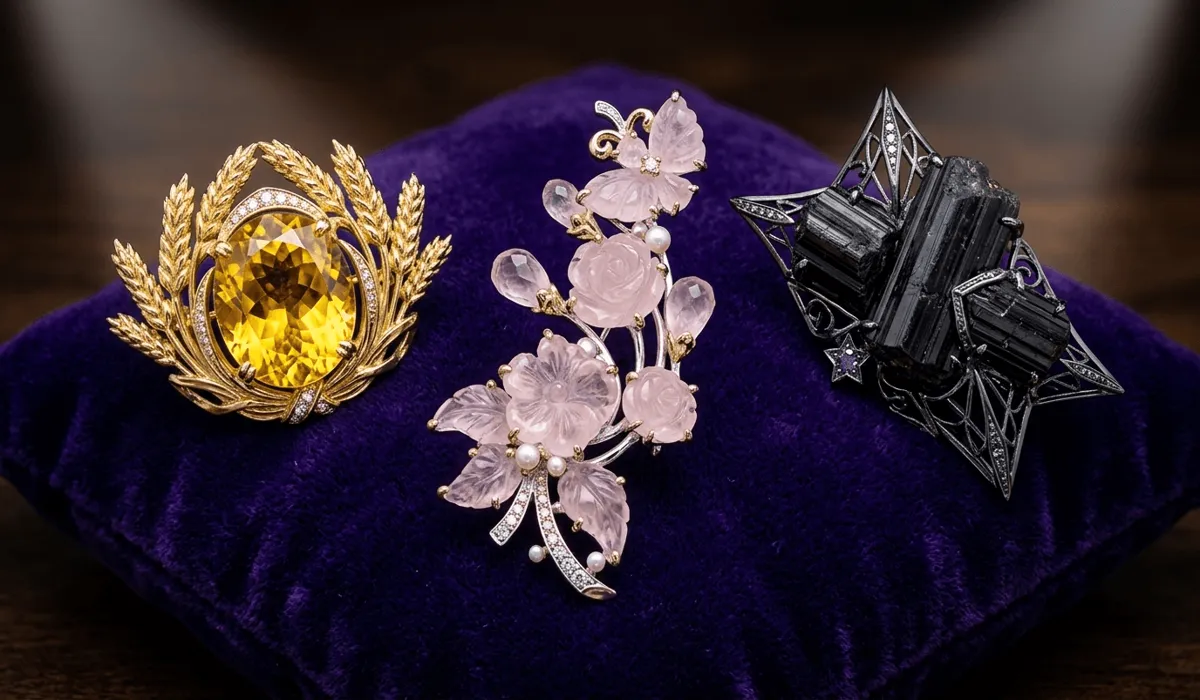 Luxury brooches featuring Citrine, Rose Quartz, and Black Tourmaline gemstones for different spiritual intentions.