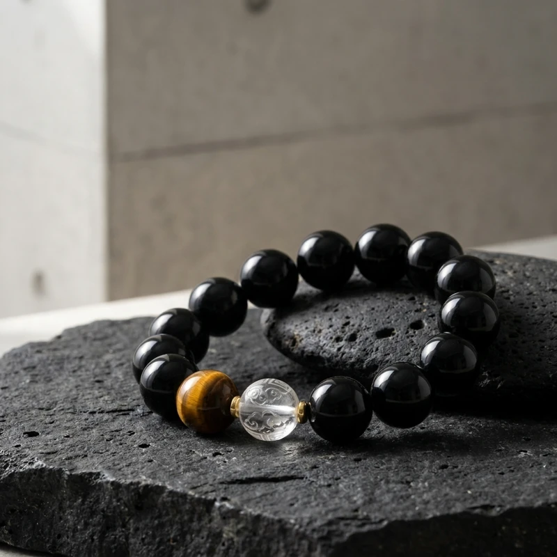 Obsidian, Clear Quartz & Yellow Tiger Eye Bracelet - Protection, Courage & Prosperity