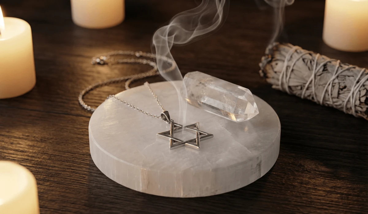 A spiritual cleansing ritual for Star of David jewelry using sage smoke and a selenite charging plate.