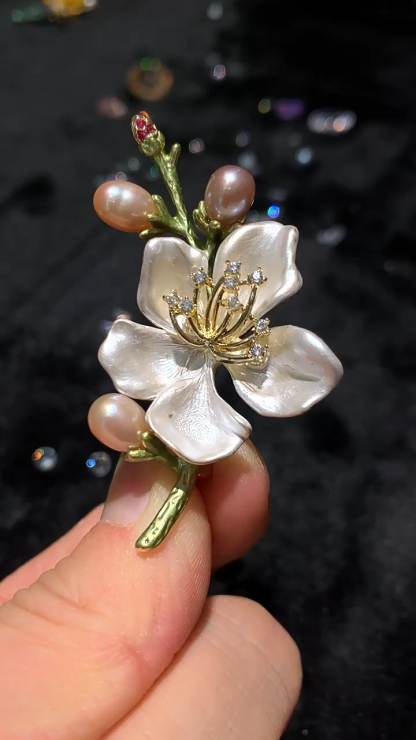 Freshwater Pearl Enamel Begonia Flower Brooch for French Elegance & Timeless Sophistication