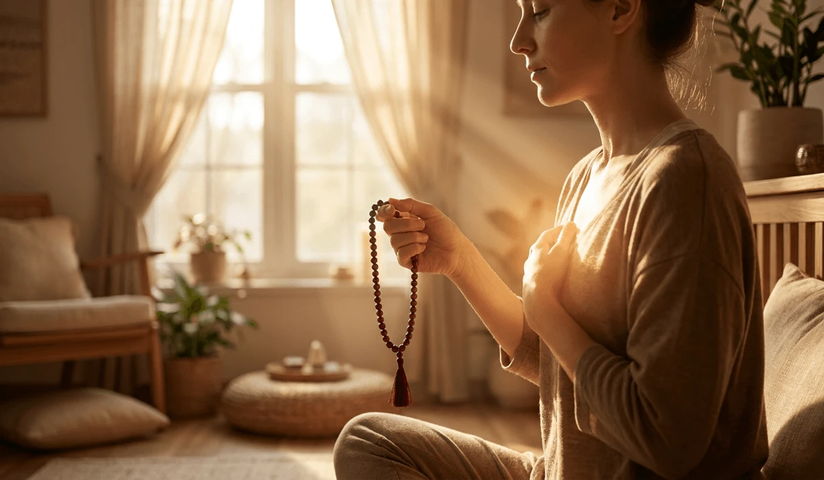 Person practicing japa meditation while gently sliding rosewood prayer beads through fingers.