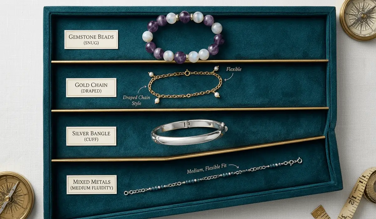 A variety of bracelet styles including beads, chains, and bangles to compare different fit and sizing preferences.