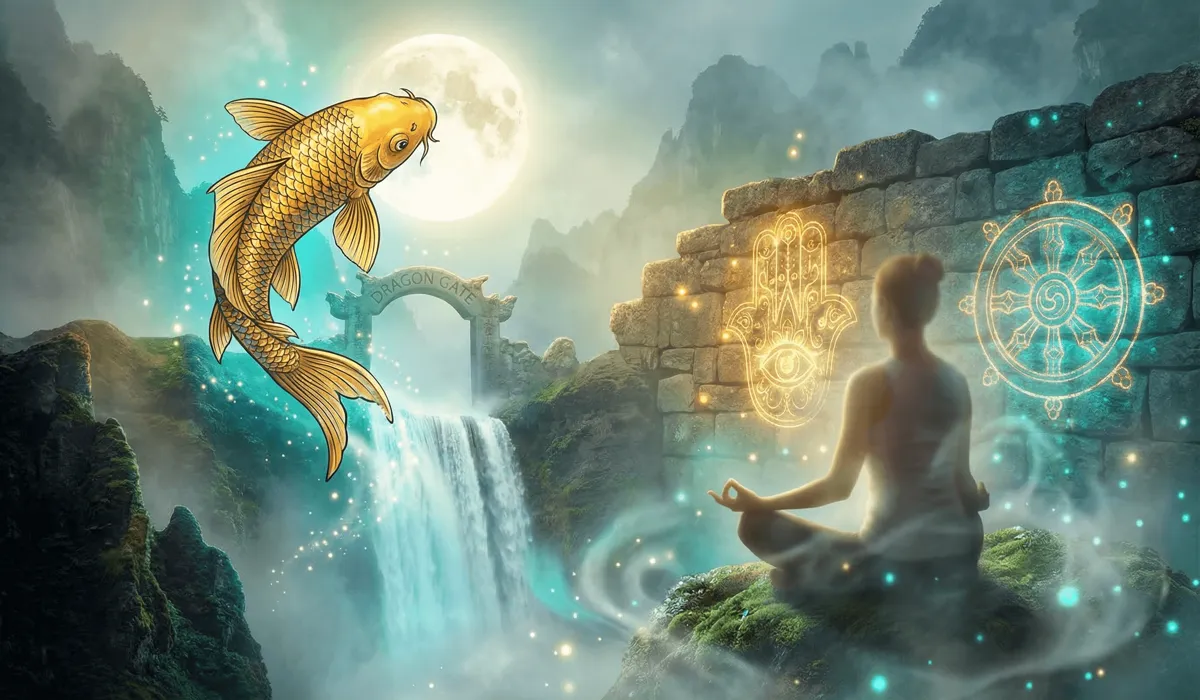 A meditative scene showing the activation of resilience symbols like the Koi fish, Hamsa, and Dharma Wheel for inner growth.