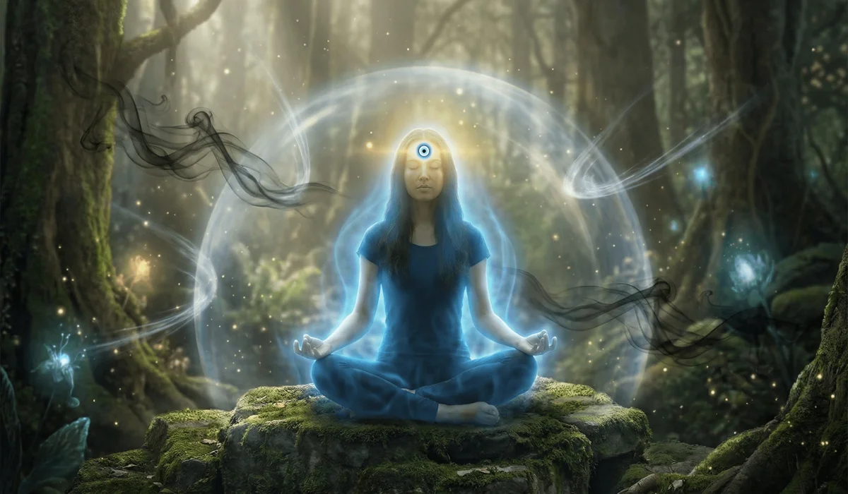 Spiritual illustration of an evil eye talisman acting as a protective shield, reflecting negative energy away from the wearer's aura and Third Eye chakra.