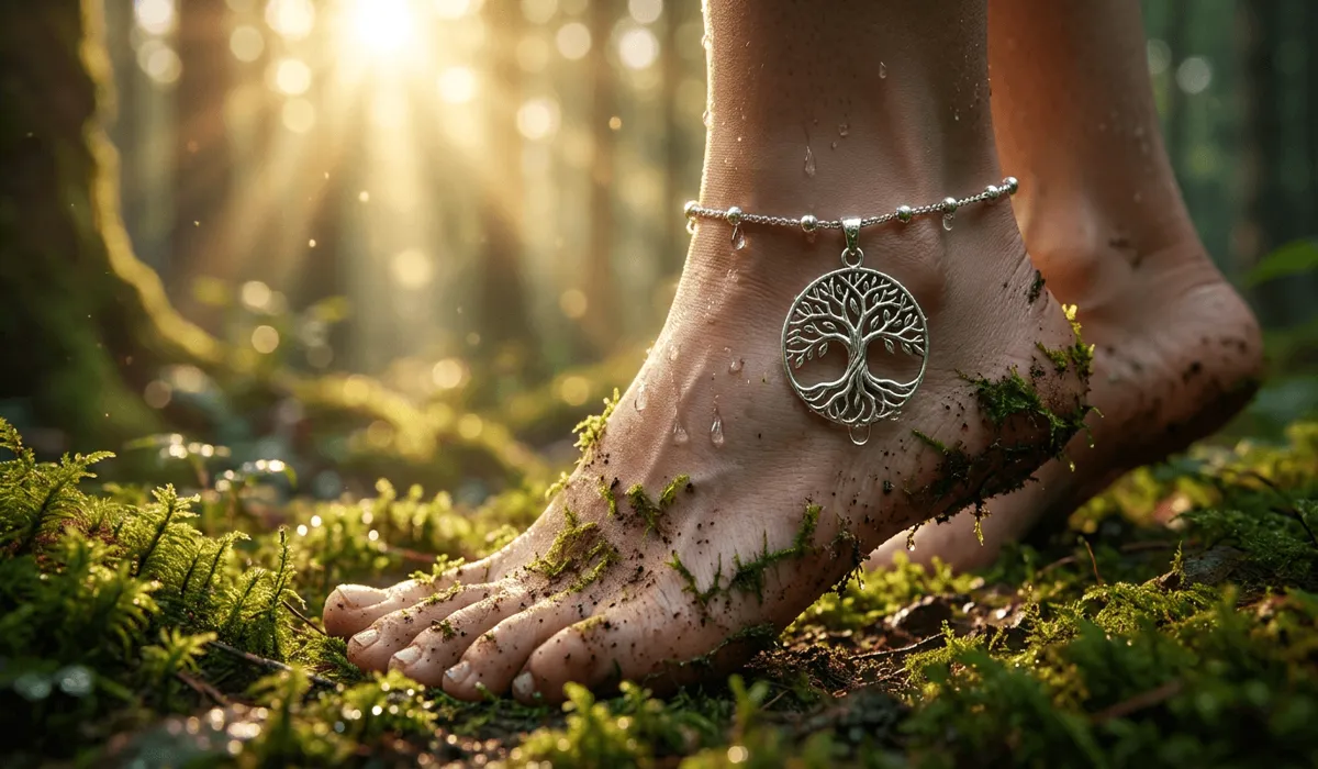 Sterling silver Tree of Life anklet worn on a barefoot walking on mossy forest ground for spiritual grounding