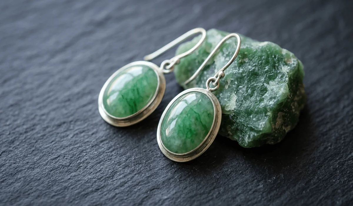 Natural green jade drop earrings displaying lustrous translucency alongside a raw jade mineral rock, highlighting gemstone quality and natural texture.