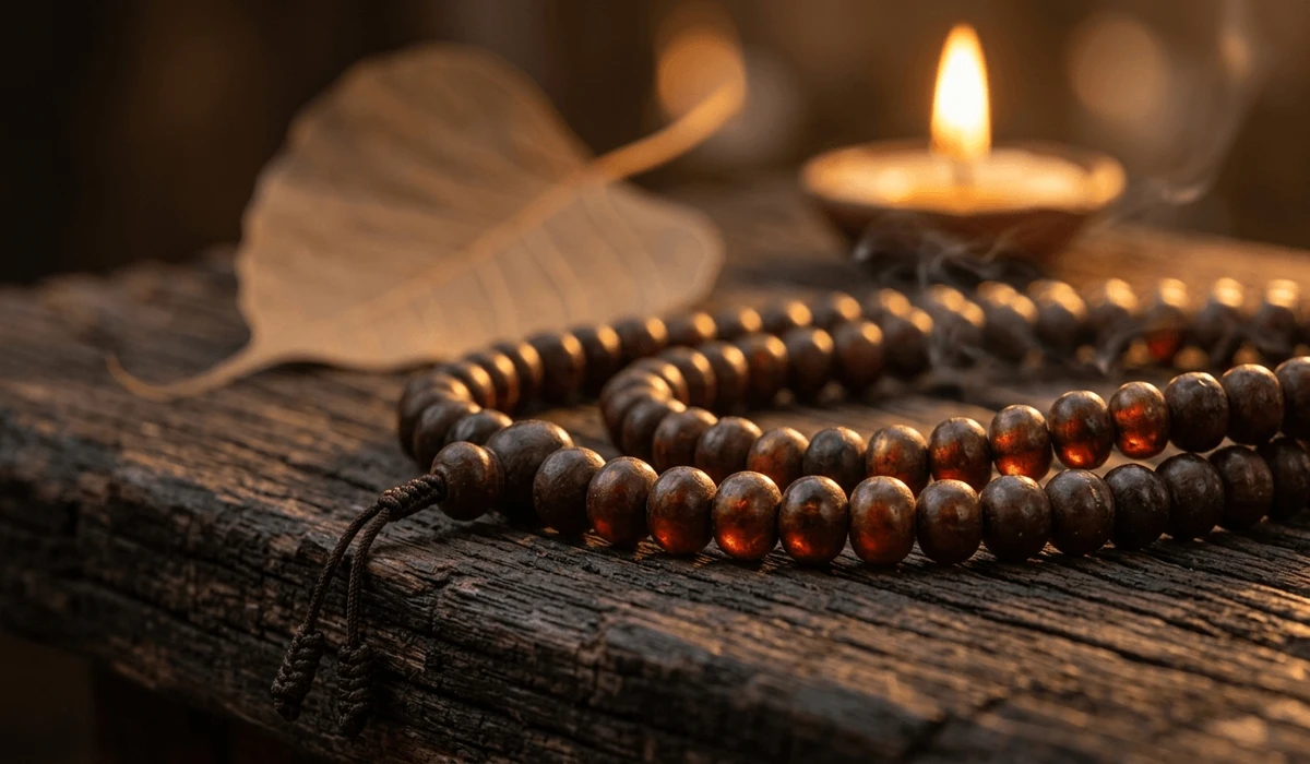 A seasoned dark Bodhi seed mala on a wooden altar, symbolizing spiritual growth and Buddhist enlightenment.