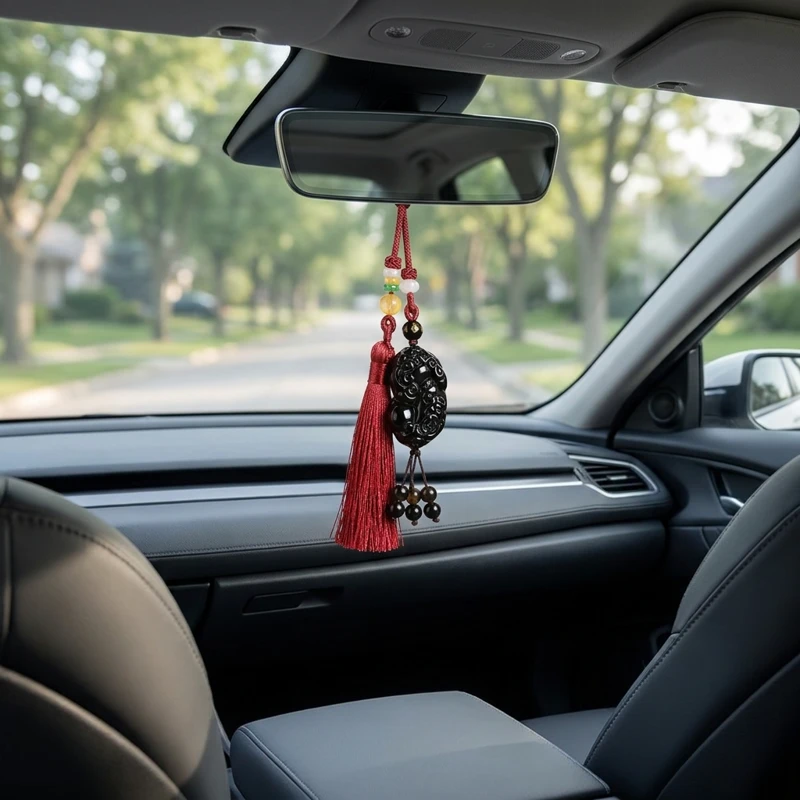 Red Tassel Obsidian Pixiu Car Hanging Ornament – Protection, Prosperity & Peace