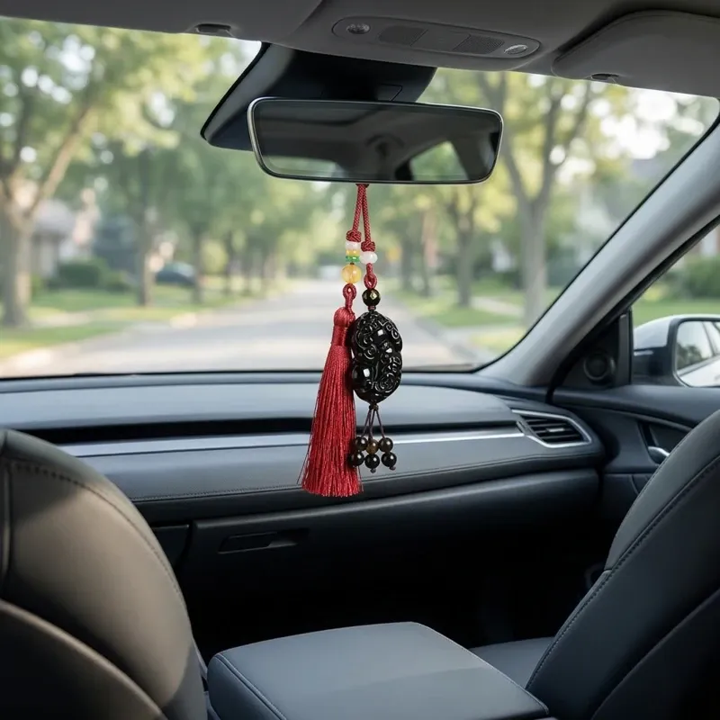 Red Tassel Obsidian Pixiu Car Hanging Ornament – Protection, Prosperity & Peace