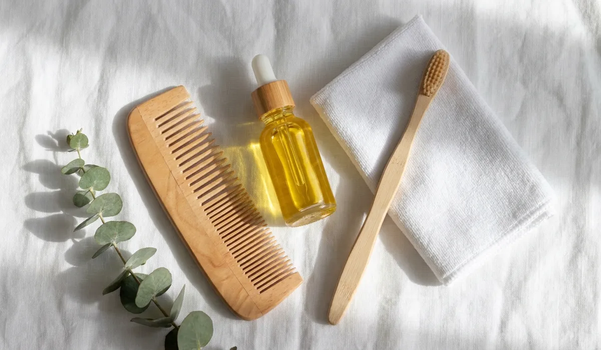 Essential tools for wooden comb maintenance including natural oil, a soft brush, and a microfiber cloth.